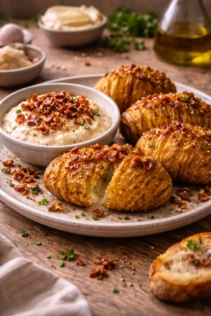 Air fryer Hasselback potatoes with crispy edges served with smoked cheese dip and bacon in a casual home setting.