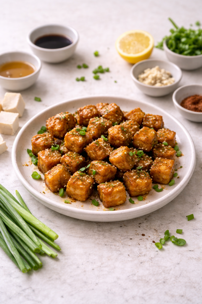Crispy marinated tofu cubes cooked in an air fryer and served on a plate in natural light
