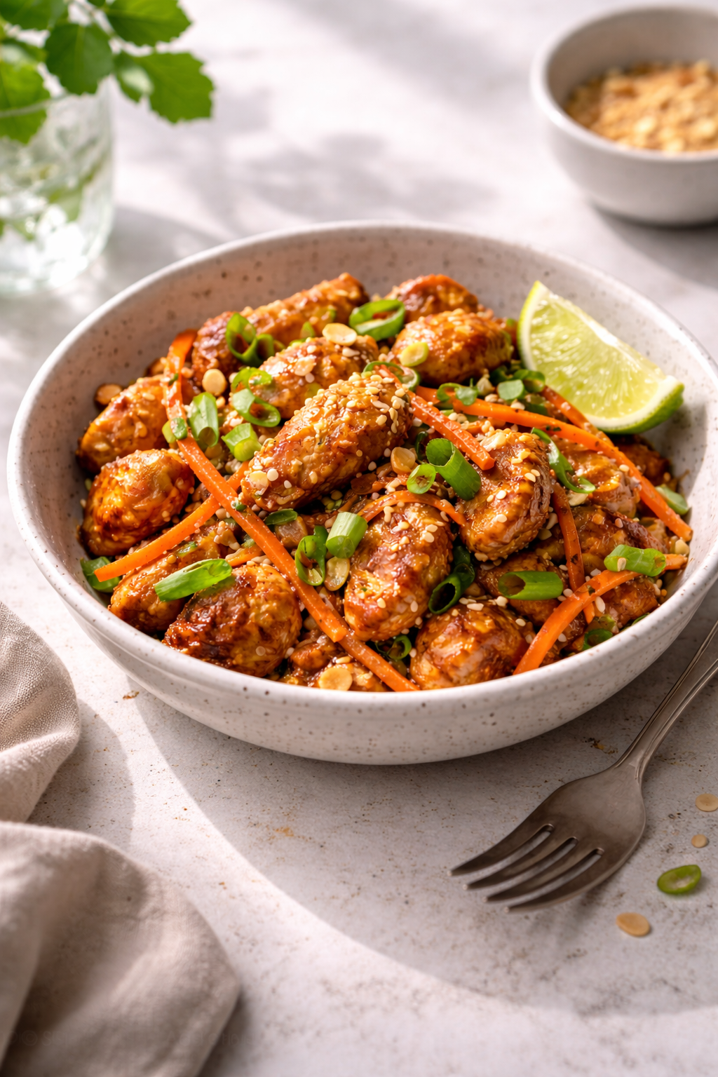 Air fryer Pad Thai–style chicken with carrots and green onions, served hot and photographed in natural light.