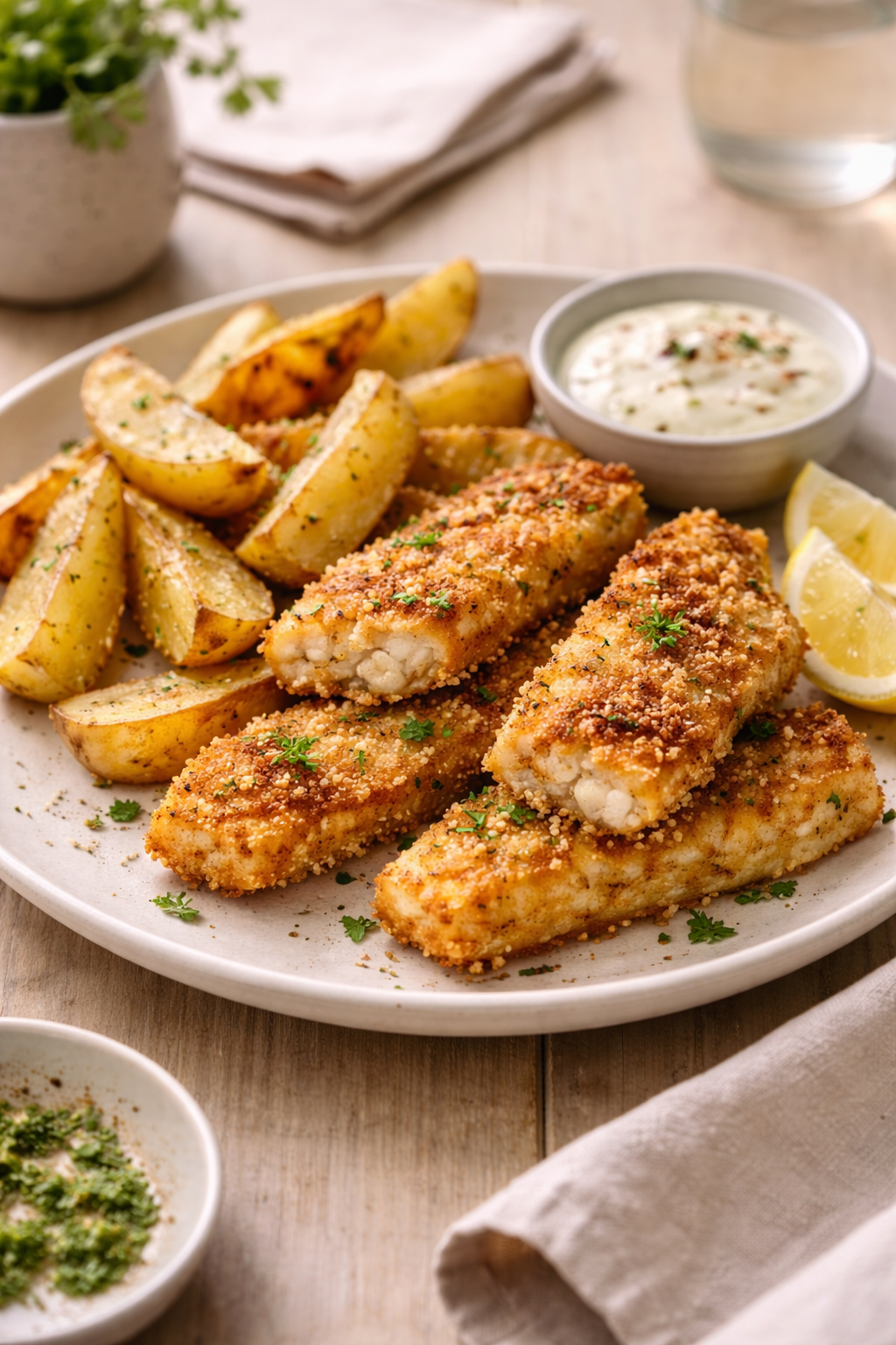 Air fryer fish and chunky potato chips served on a plate, golden and crispy, photographed in natural light