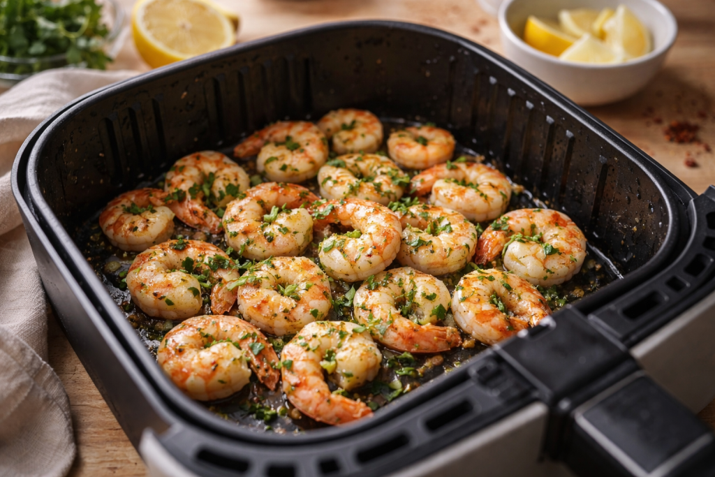 Garlic shrimp cooked in an air fryer basket, finished with herbs and lemon zest, photographed in natural light.