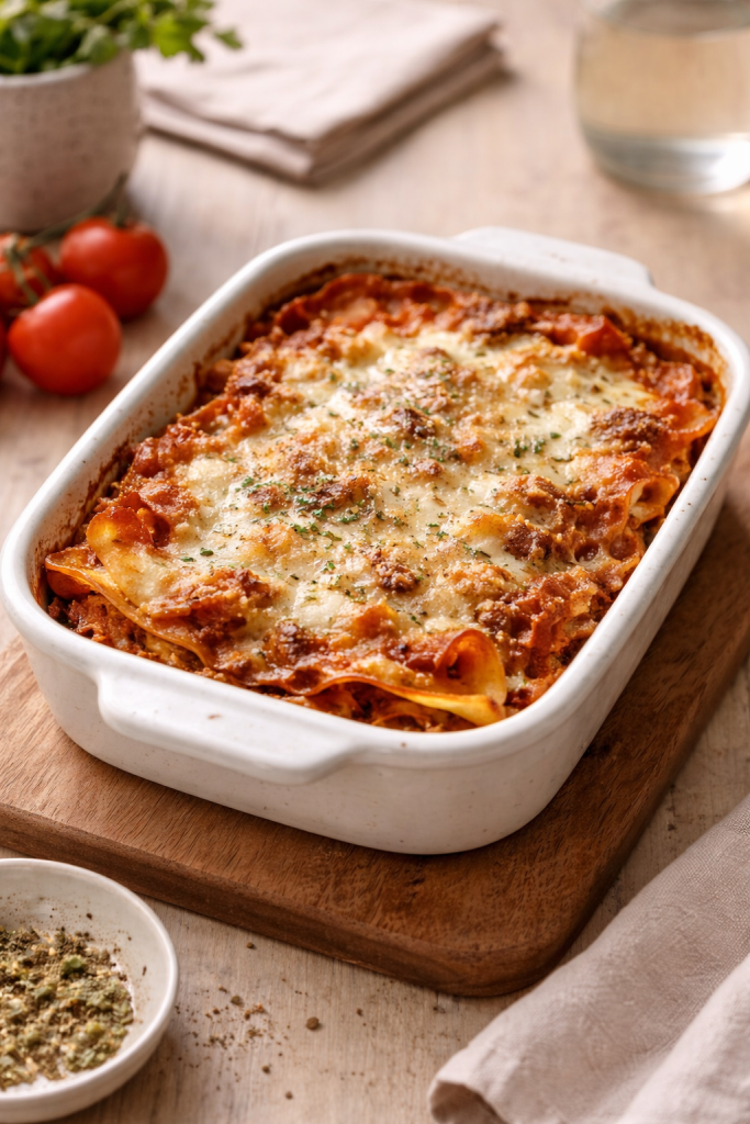 Air fryer lasagna baked in a small dish with melted cheese on top, photographed in natural light.
