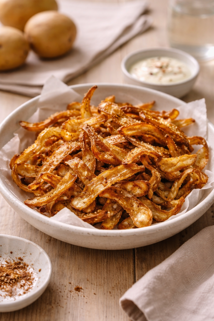 Crispy potato peel chips cooked in an air fryer, golden and crunchy, served on a plate in natural light.
