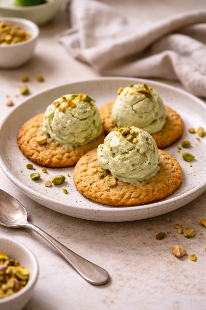 Almond cookies served with pistachio ice cream on a plate, photographed in natural light.