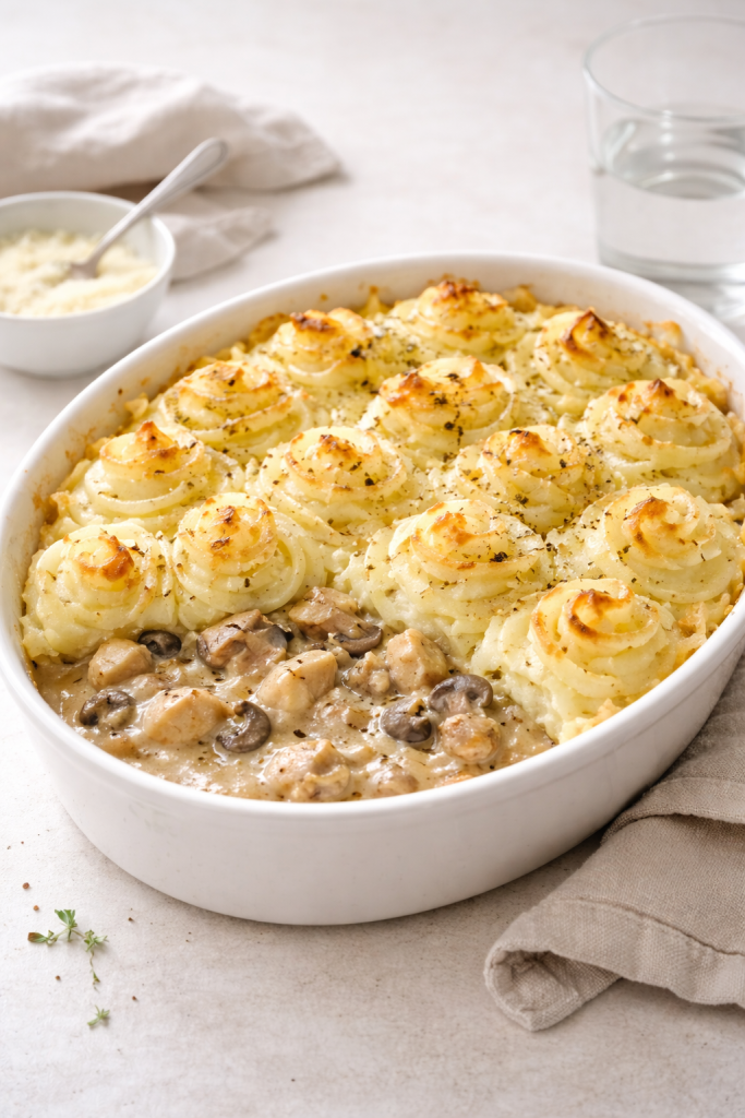 Baked chicken and mushroom pie topped with crisped mashed potato swirls, photographed in natural light with a neutral, home-style setting.