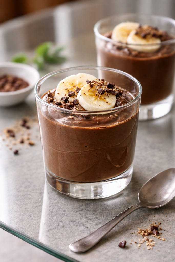 Creamy chocolate avocado and banana mousse served in a glass, smooth and rich, photographed in natural light.
