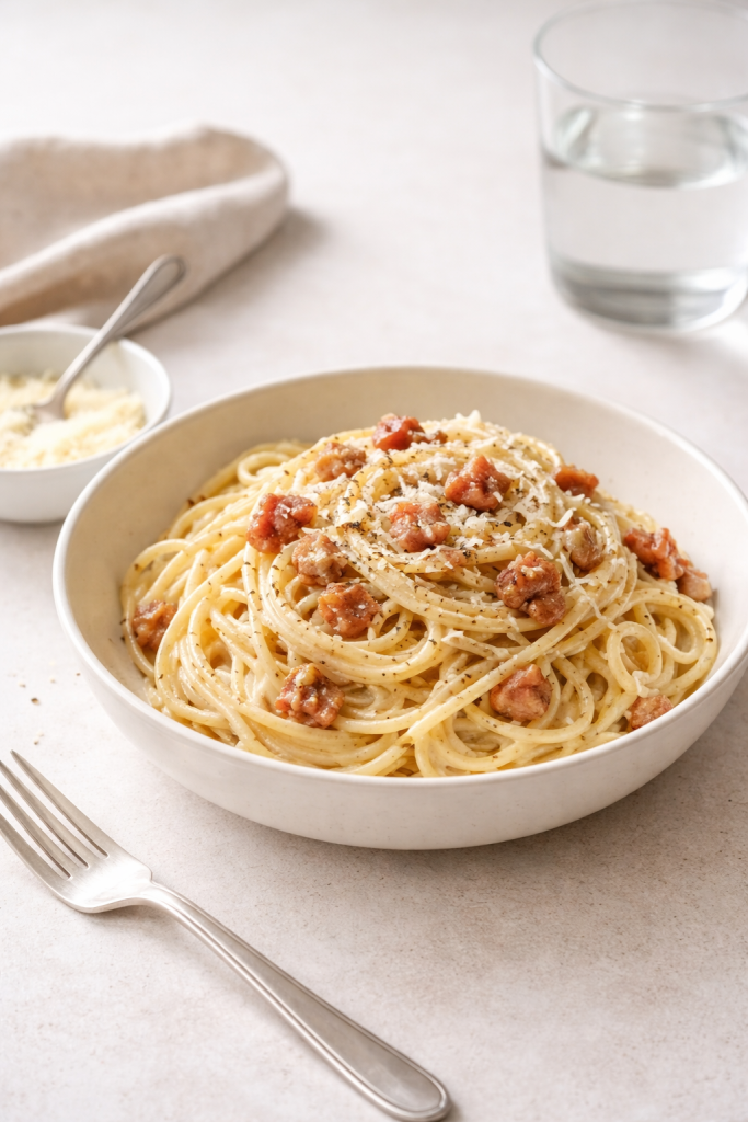 Minimalist creamy egg and cheese pasta with crispy bacon served in a simple bowl, photographed in natural daylight with a neutral background.