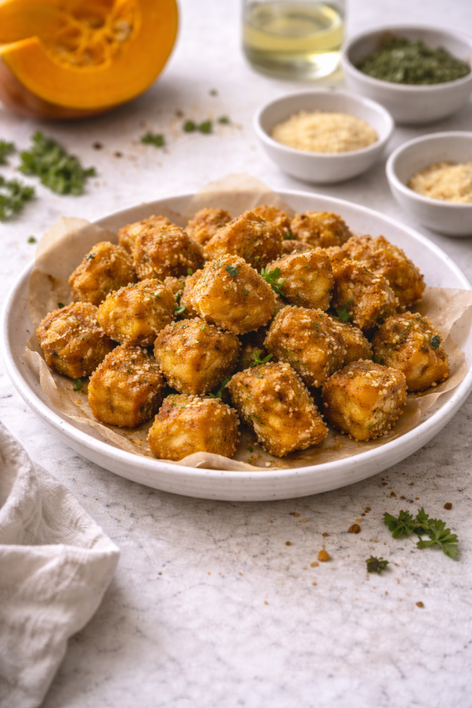 Crispy breaded pumpkin pieces with a golden crust served on a plate in a home kitchen setting.