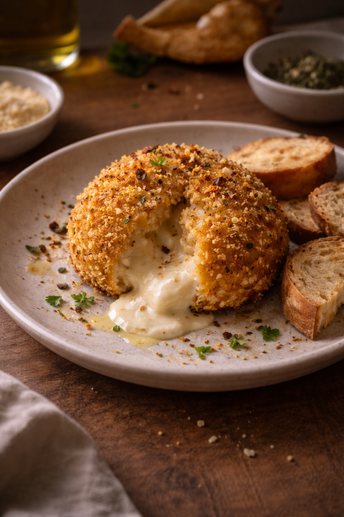 Crispy panko-coated burrata served warm on a plate, golden crust cracked open to reveal creamy cheese inside, photographed in natural daylight.