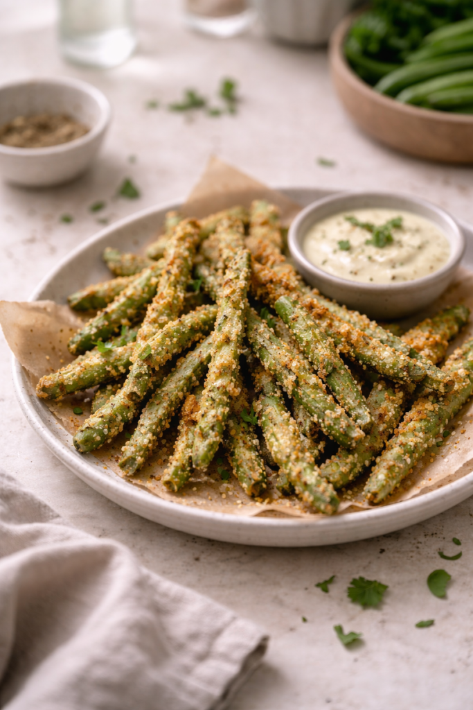 Crispy green bean fries served on a plate with visible golden coating and fresh green beans, photographed in natural light