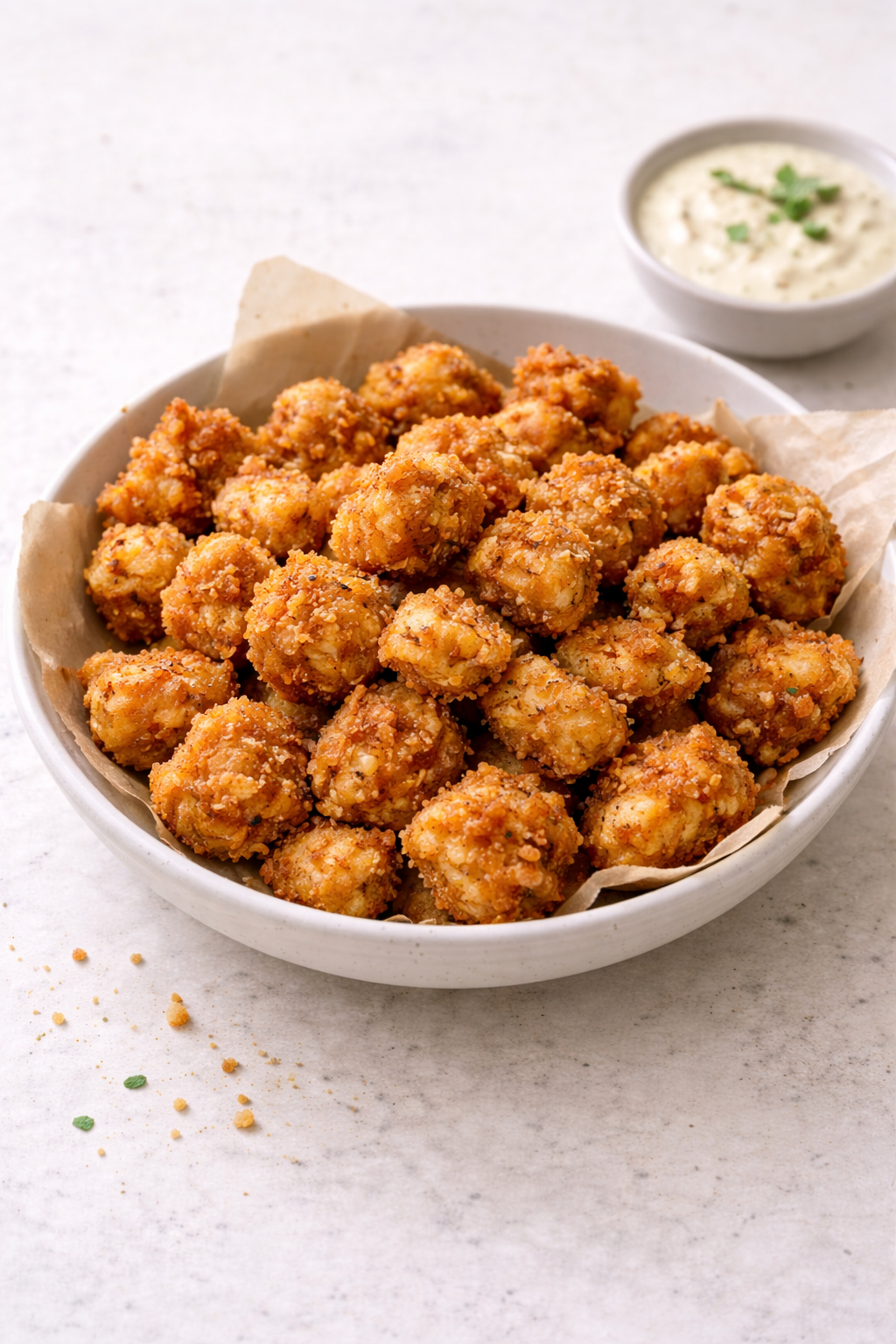 Crispy homemade popcorn chicken served in a bowl with a golden, crunchy coating