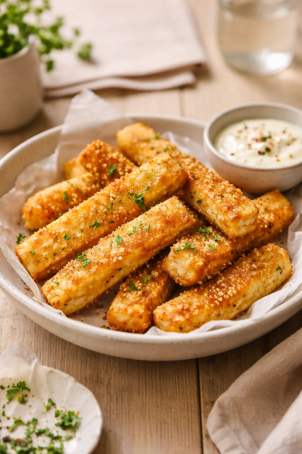 Crispy halloumi sticks cooked until golden and crunchy on the outside, served on a plate in natural light.