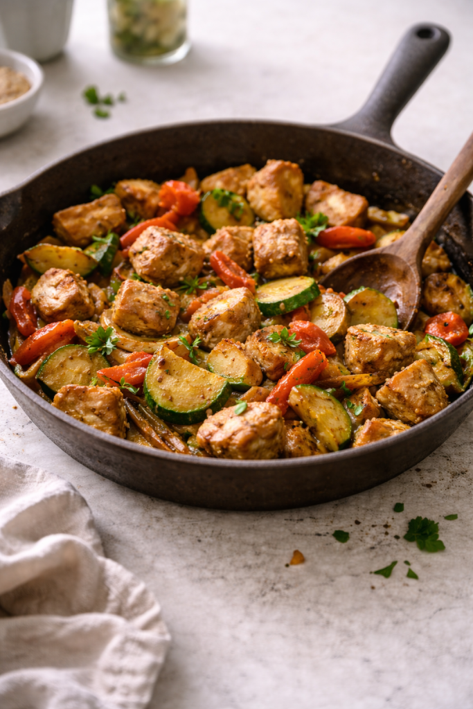 Skillet chicken with vegetables cooked in one pan, served in a home kitchen setting