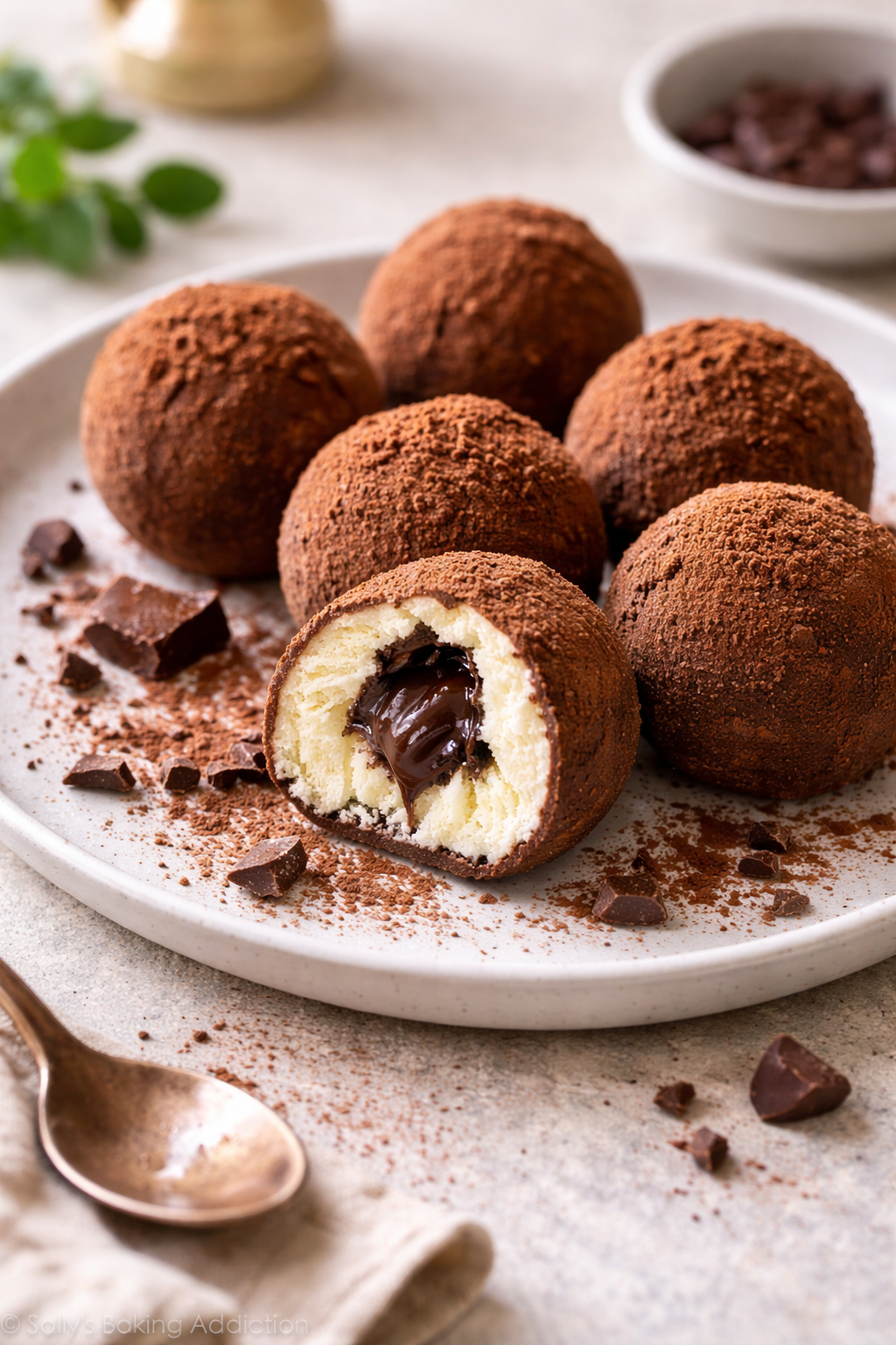 Ice cream balls coated in cocoa powder with a hidden chocolate center, served on a plate in natural light.
