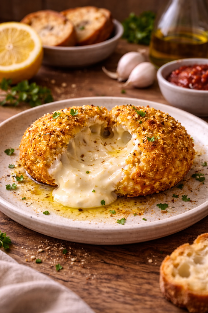 Italian-style crispy burrata with golden crust and creamy center, served simply with herbs and lemon in warm, natural light.