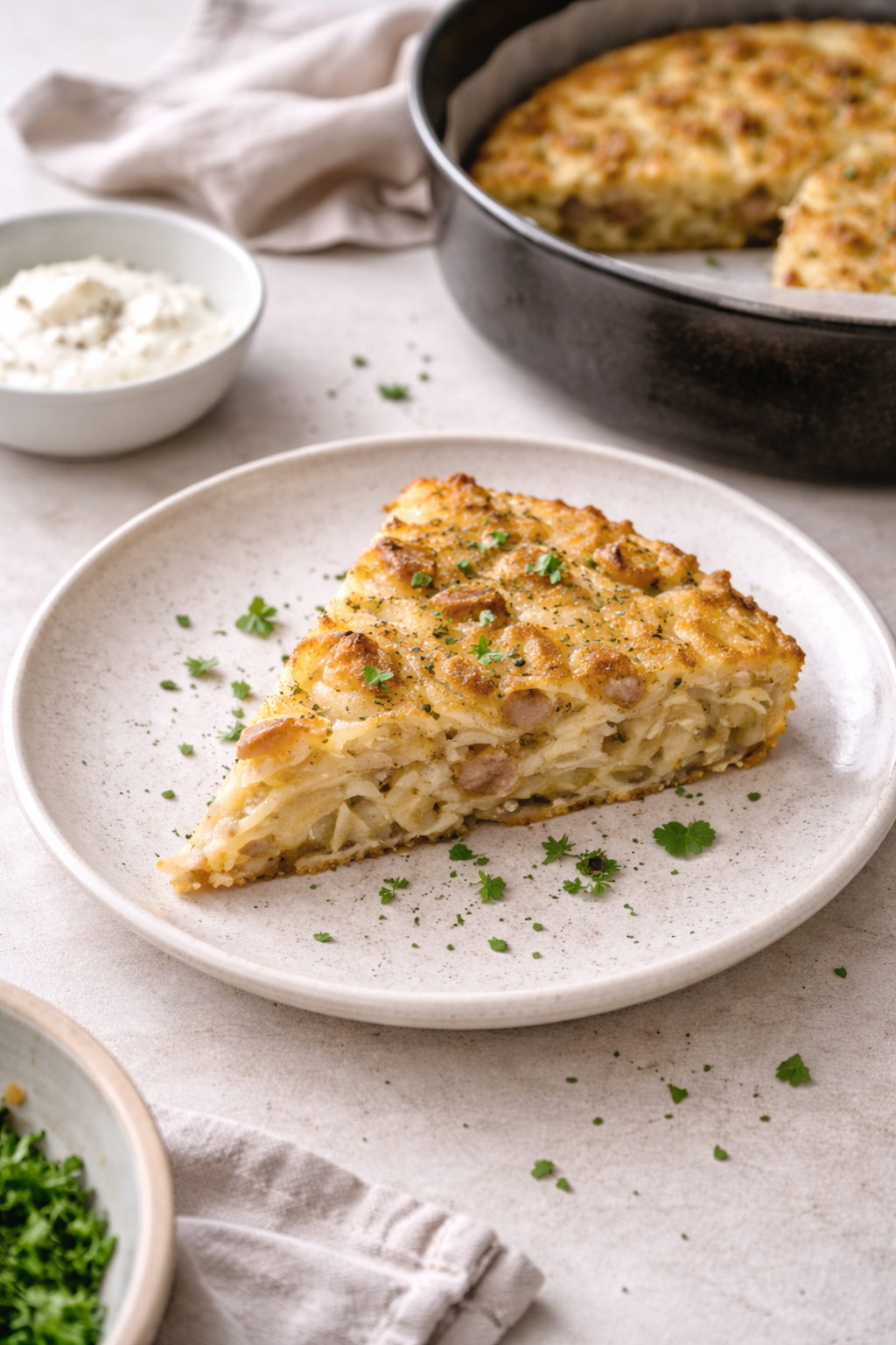 Grated potato bake cooked in an air fryer, sliced and served in a simple dish with a natural, home-style appearance.