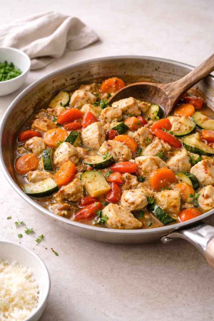 Quick chicken and vegetable stew cooked in a skillet, photographed in natural daylight with a simple, home-style presentation.