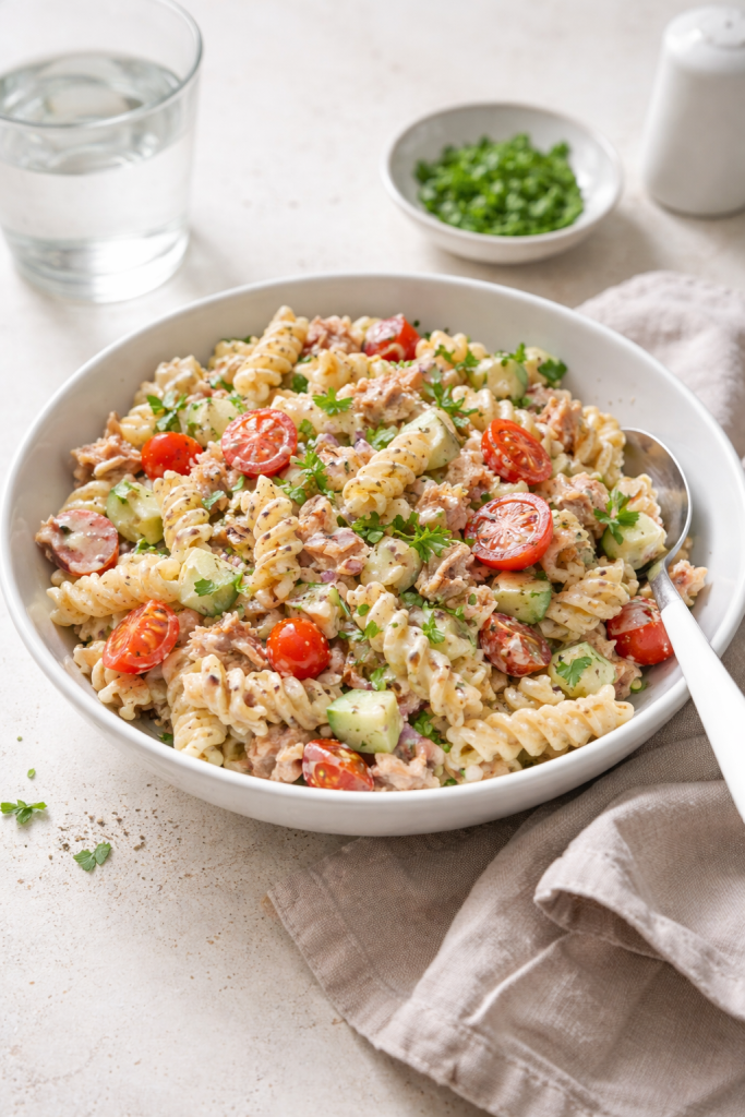 Quick tuna pasta salad in a bowl with cherry tomatoes, onion, and creamy dressing, ready to eat.