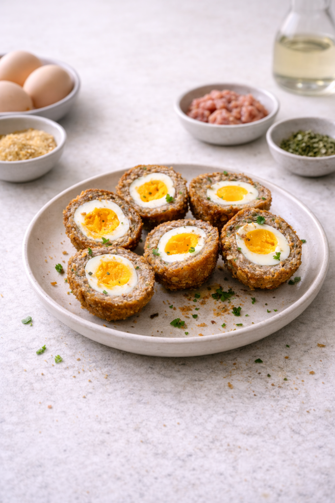 Scotch-style eggs sliced open with soft yolk, served on a plate in natural light