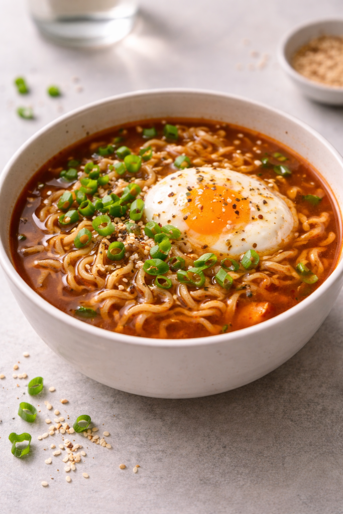 Spicy noodle soup with garlic, chili, and a soft egg, served hot in a bowl with green onions.