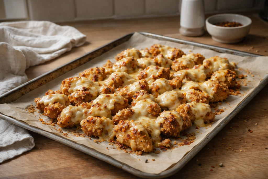 Spicy chicken bites baked on a tray and topped with melted cheese, photographed from a slight distance in natural light.