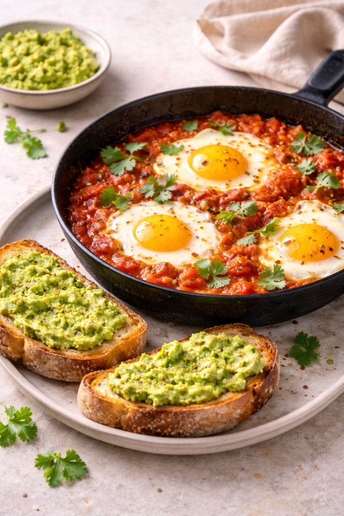 Easy rustic tomato eggs served with avocado toast for a quick filling meal