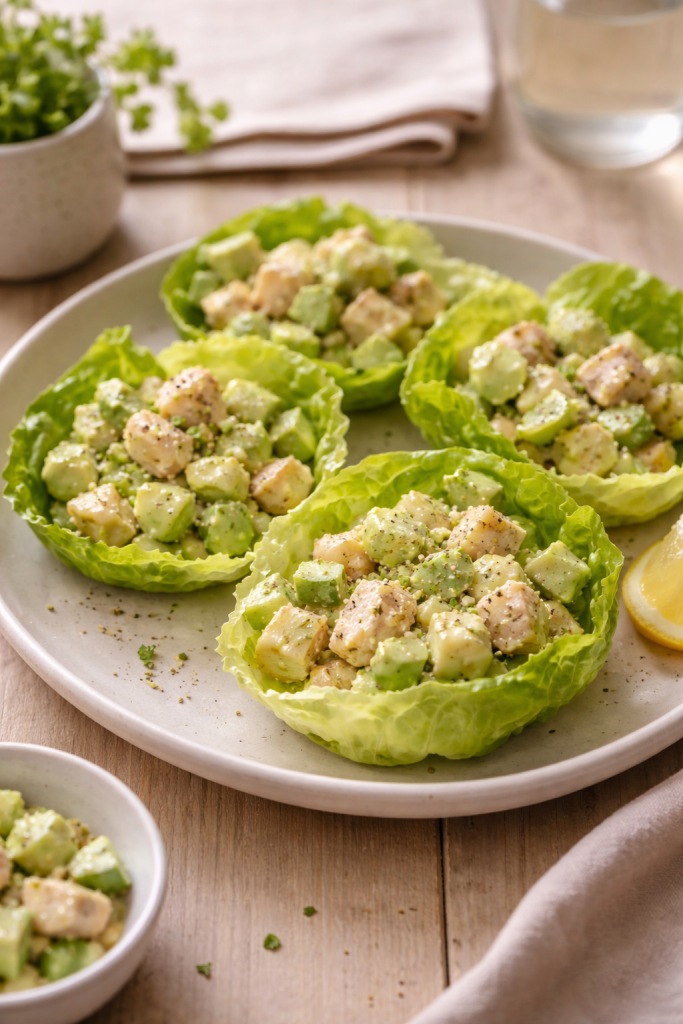 Turkey and avocado salad served in fresh lettuce cups on a plate, photographed in natural light.
