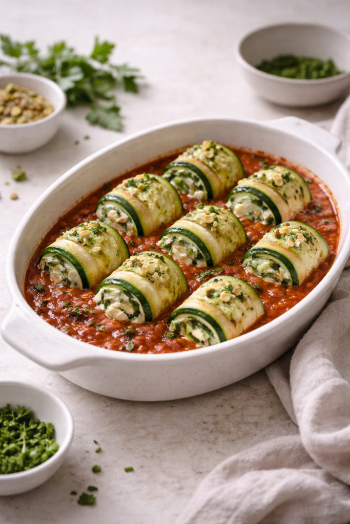 Zucchini rolls filled with cheese and spinach baked in tomato sauce, photographed in natural light.