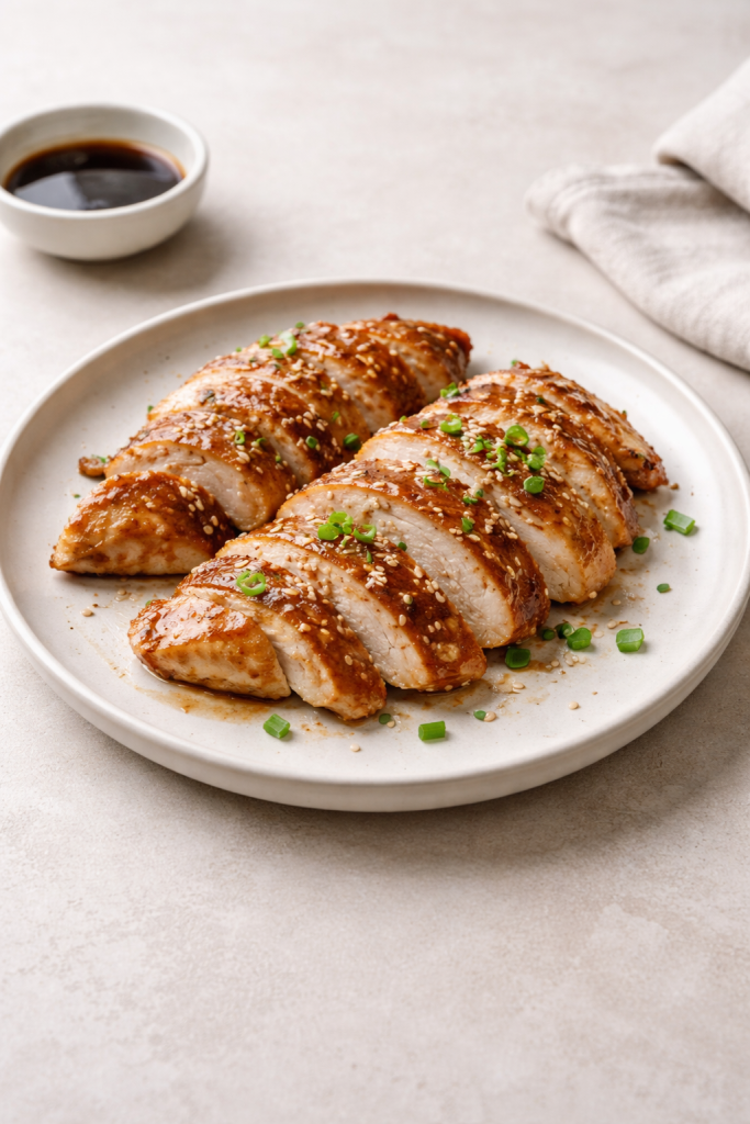 Asian-style chicken breast cooked in an air fryer, sliced and lightly glazed, served on a neutral plate