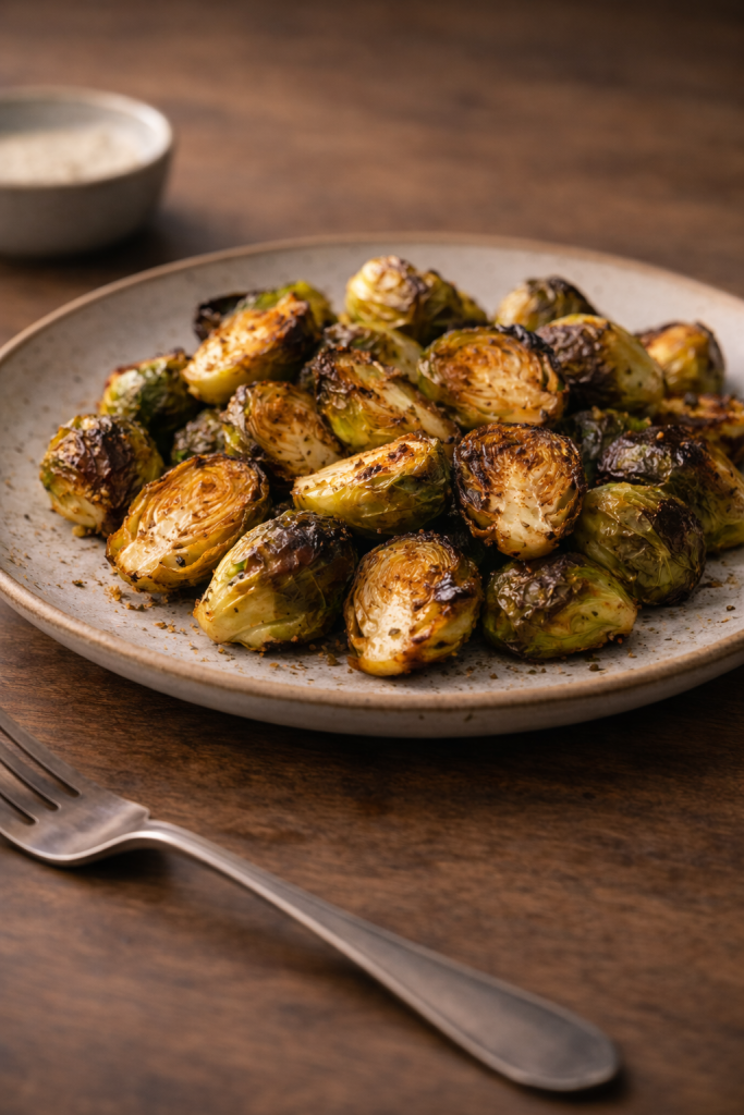 Crispy air fryer Brussels sprouts made with few ingredients, an easy and fast vegetable side for busy days