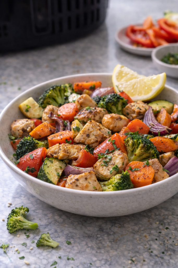 Air fryer chicken with mixed vegetables served warm