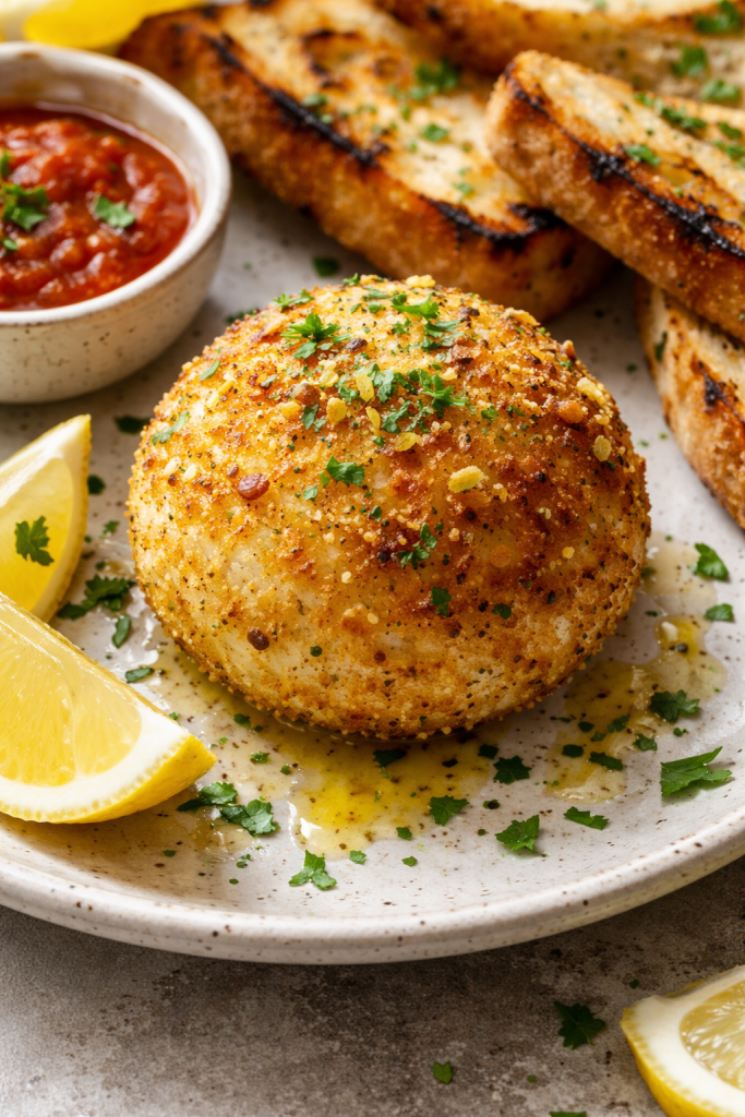 Golden air fryer crispy burrata with lemon zest and herbs served warm.