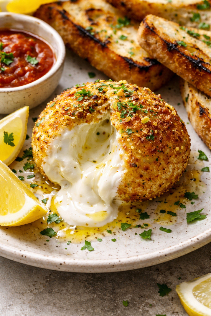 Air fryer crispy burrata cut open with creamy center, lemon zest, herbs, and toasted bread on a plate.