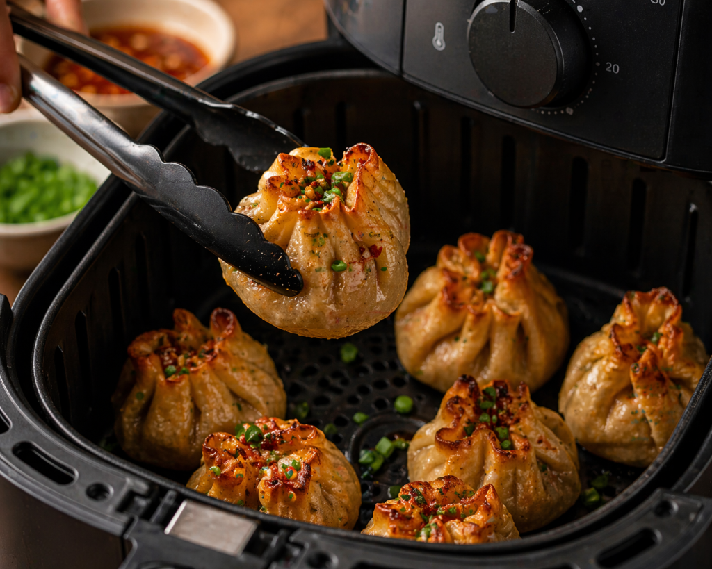 crispy air fryer dumpling parcels being lifted from basket with golden edges and juicy filling