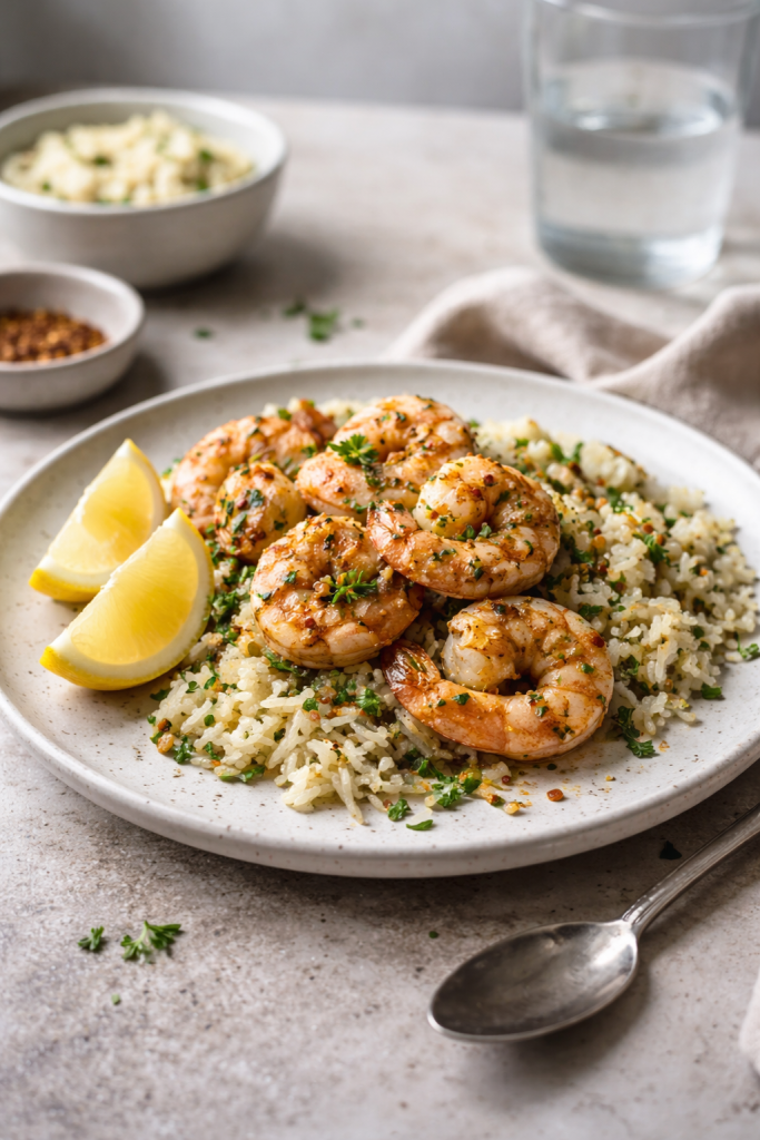 Air fryer garlic herb shrimp served as a quick 10 minute dinner