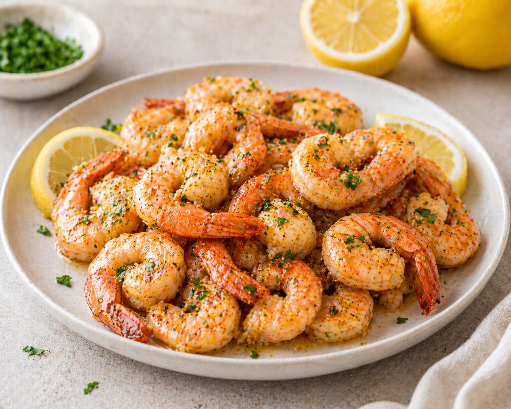 juicy air fryer garlic lemon shrimp on a plate with fresh herbs and lemon slices