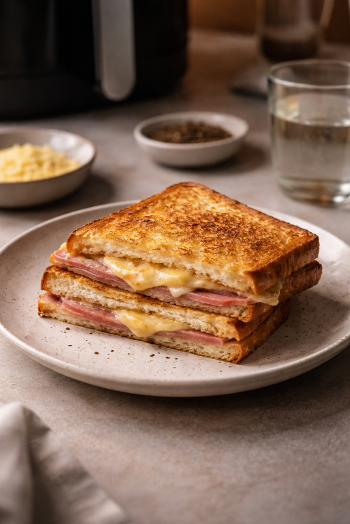 Hot ham and cheese toast made in an air fryer for a fast, cheap dinner after work