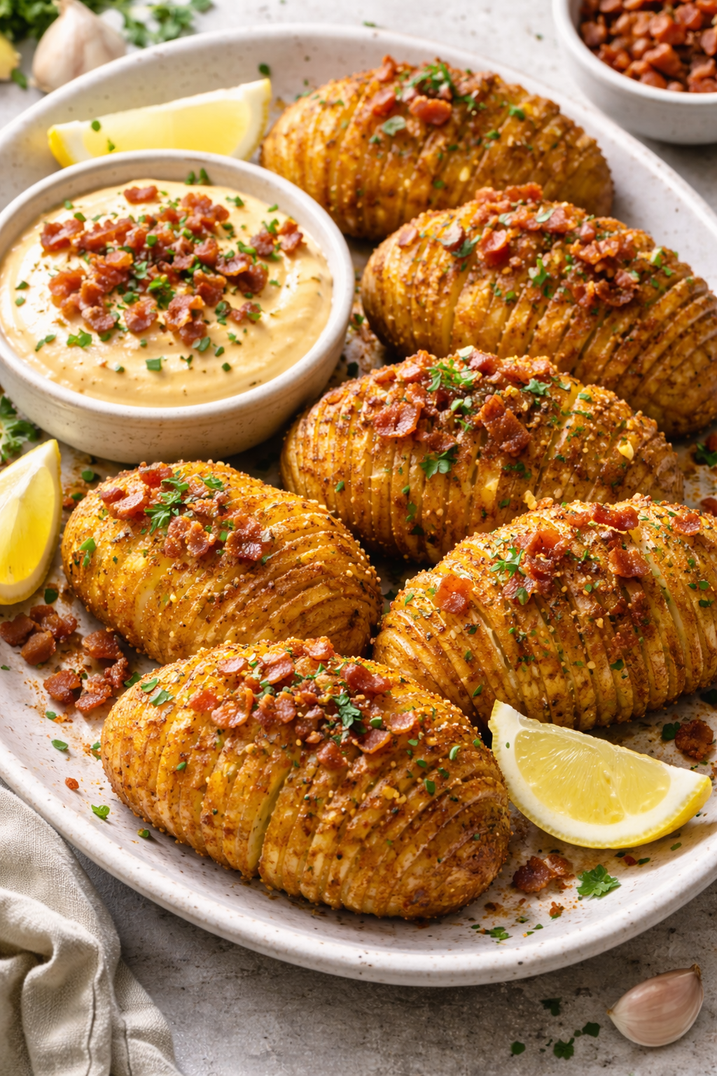Air fryer Hasselback potatoes served with smoked cheese dip and crispy bacon.