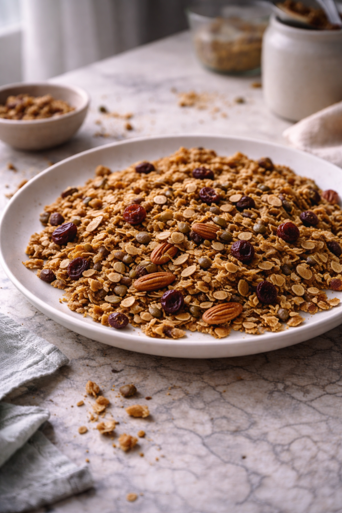 Homemade crispy granola made in an air fryer, with oats, nuts, and seeds, cooling naturally on a plate