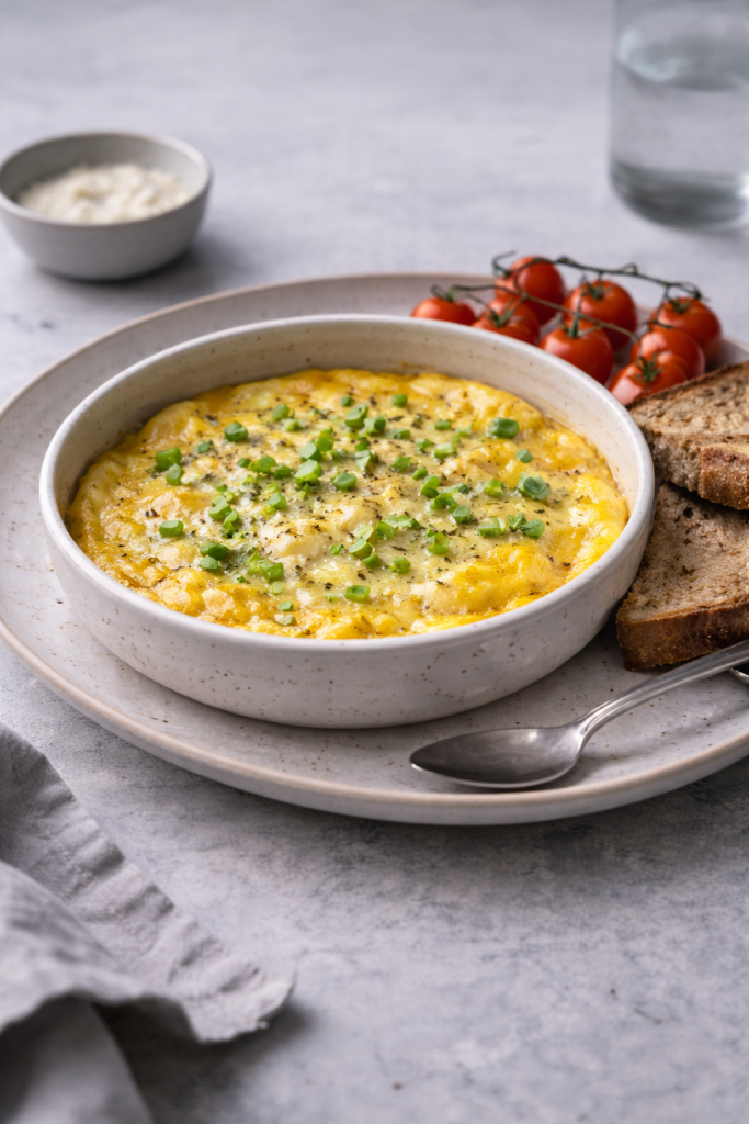 Soft air fryer omelette made with eggs and cheese, a quick low-effort meal using basic fridge ingredients.