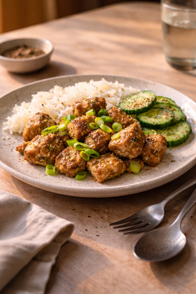 Salt and pepper chicken made in an air fryer for a quick, low-effort dinner after work