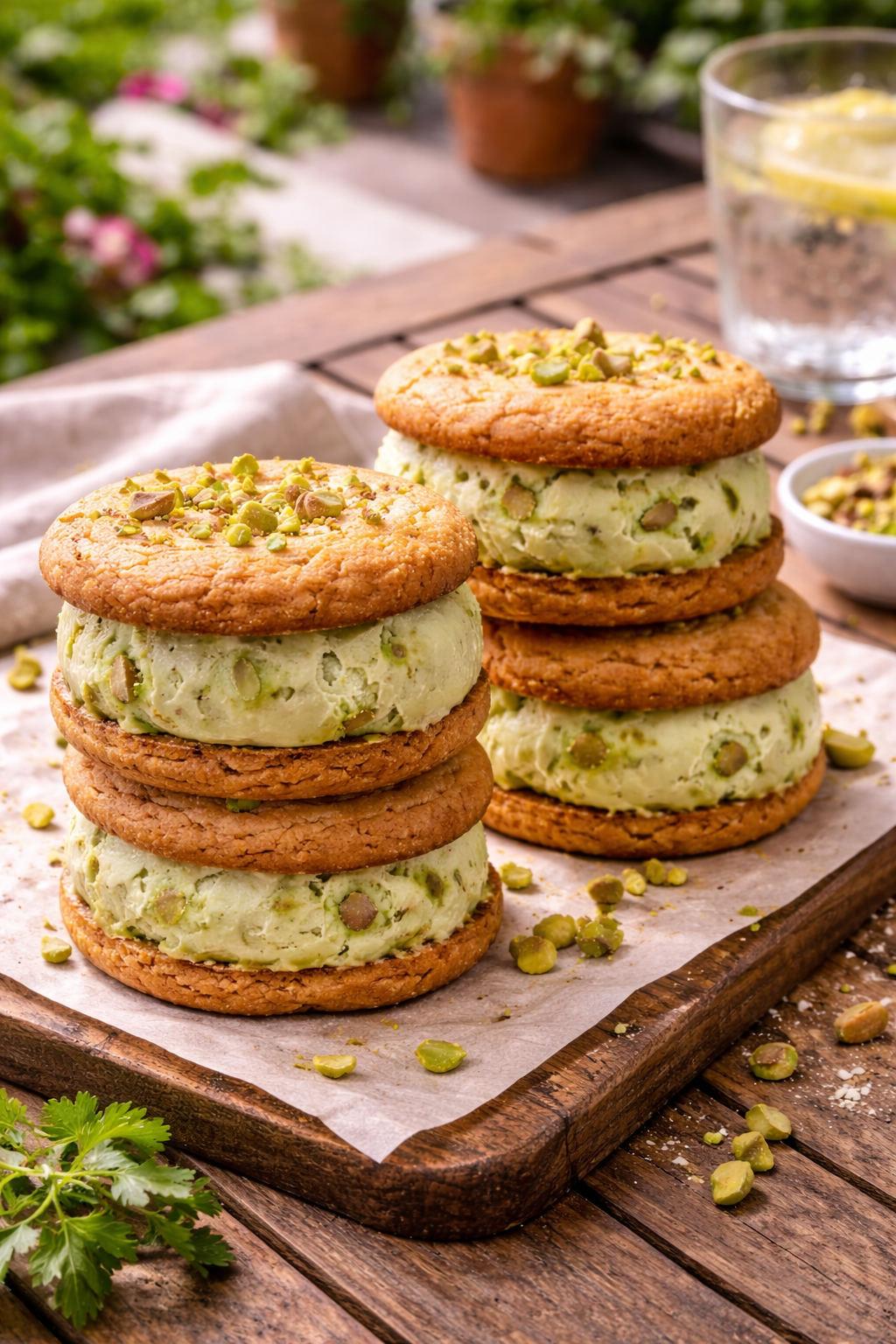 almond cookies served with pistachio ice cream and chopped pistachios