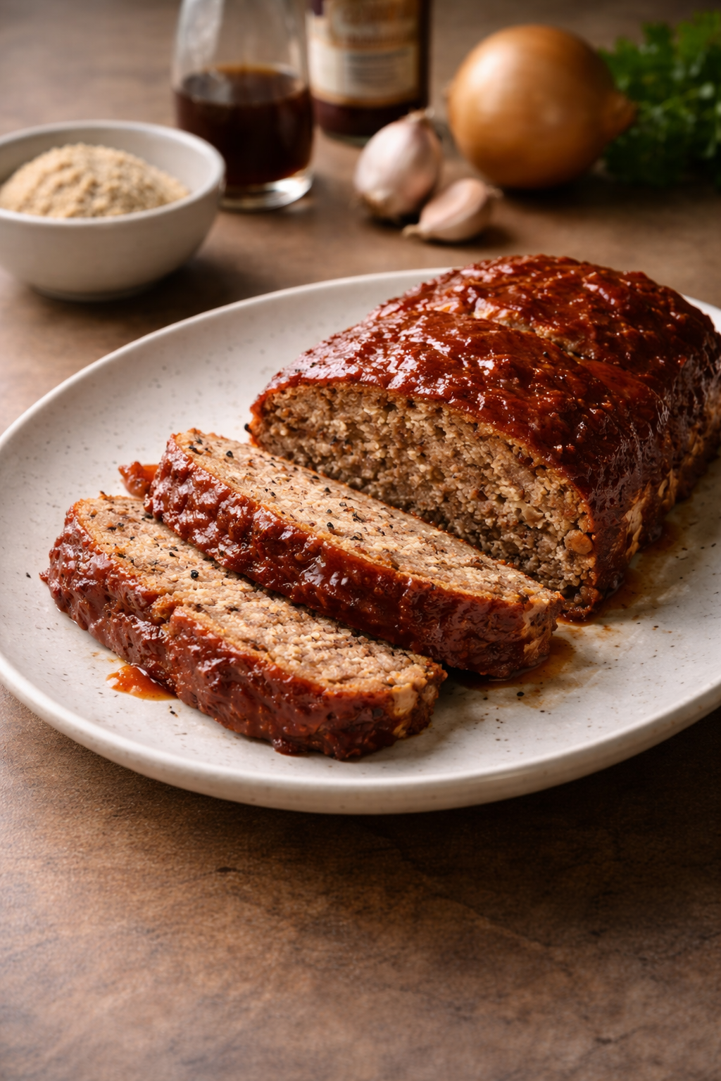 American-style baked meatloaf sliced and served on a plate in natural daylight