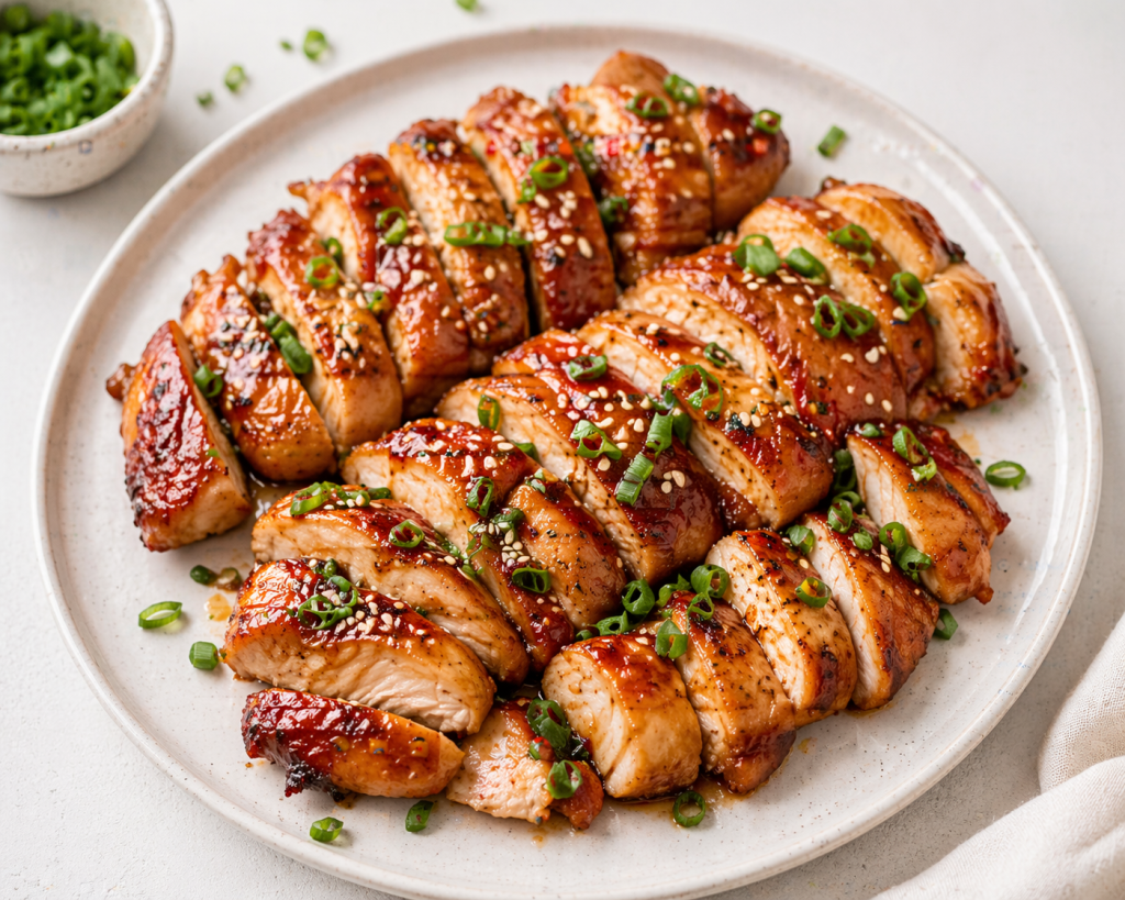 asian air fryer chicken sliced with glossy sticky glaze and green onions on a plate