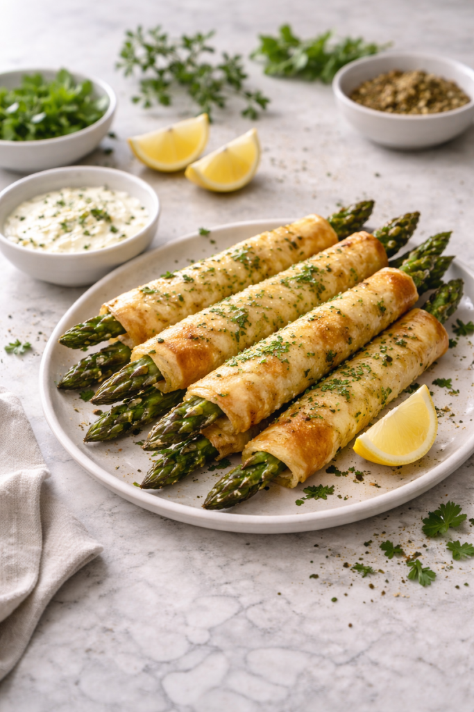 Crispy filo-wrapped asparagus sticks baked until golden and flaky