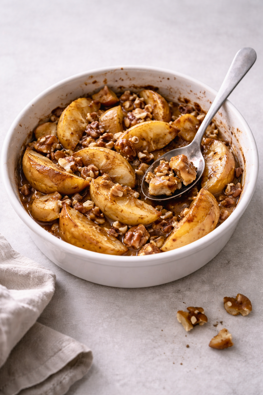 Baked apples with cinnamon and nuts served warm in a rustic baking dish