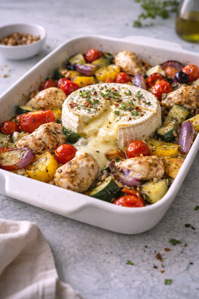 Baked camembert with chicken and roasted vegetables served in a rustic home-style baking dish