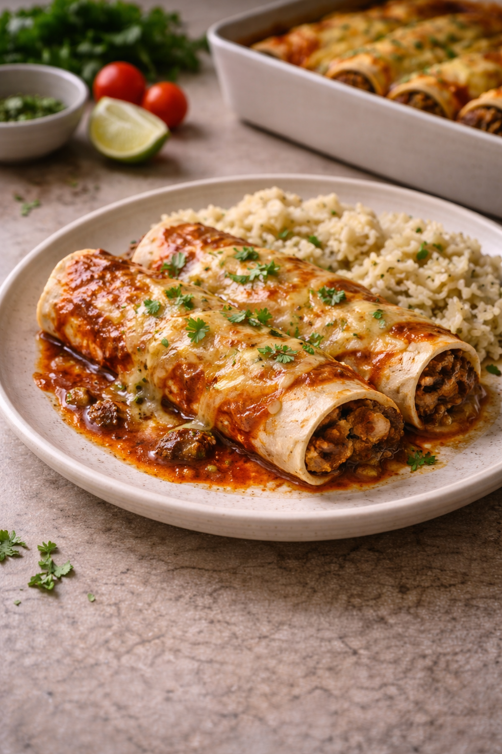 Baked enchiladas with melted cheese served on a plate, photographed in soft natural daylight.