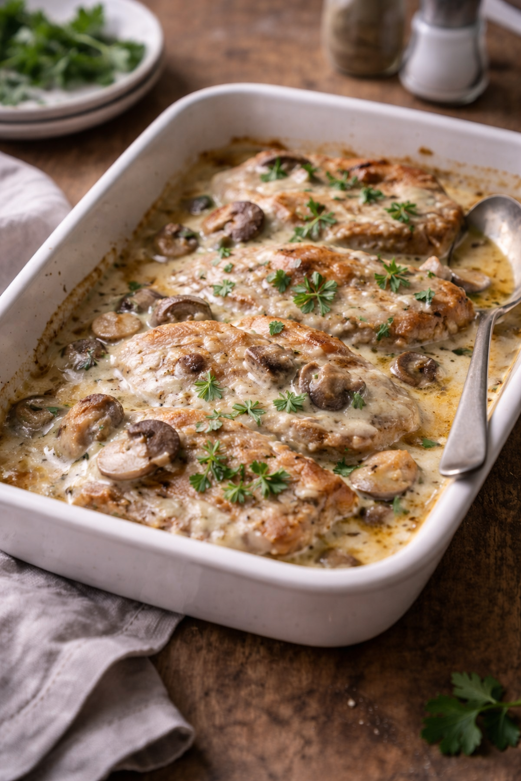 Tender baked pork loin with mushrooms covered in a soft white sauce
