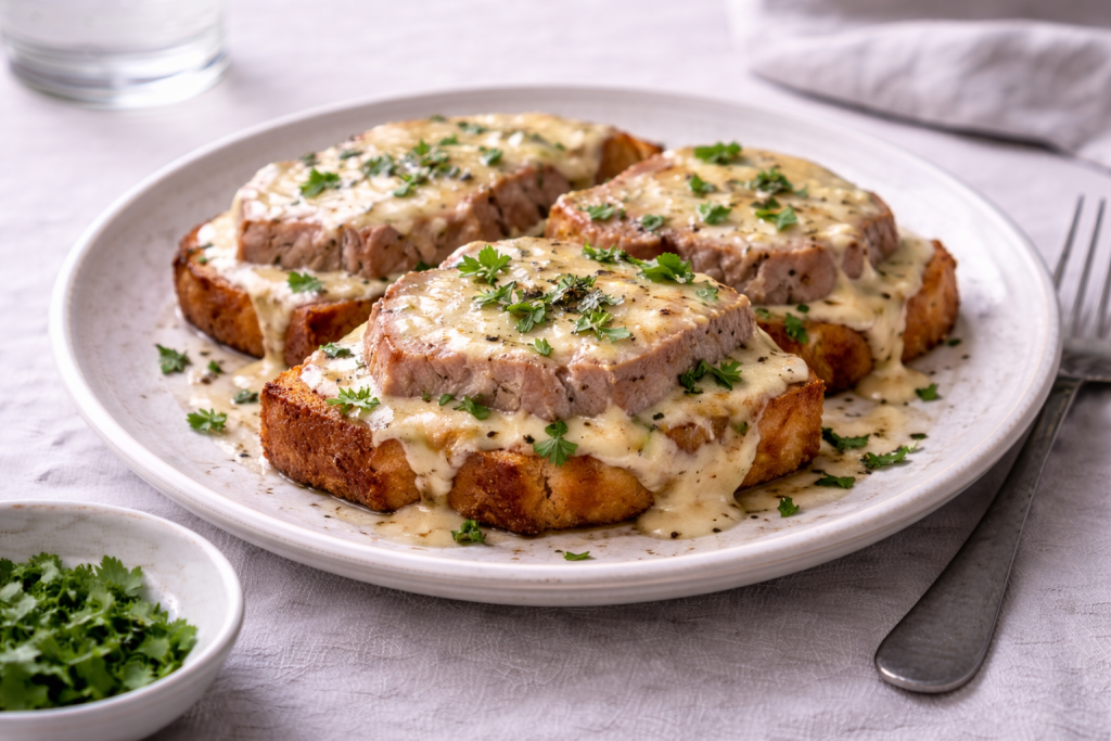 Baked pork loin on bread topped with creamy béchamel, served on a ceramic plate in natural daylight